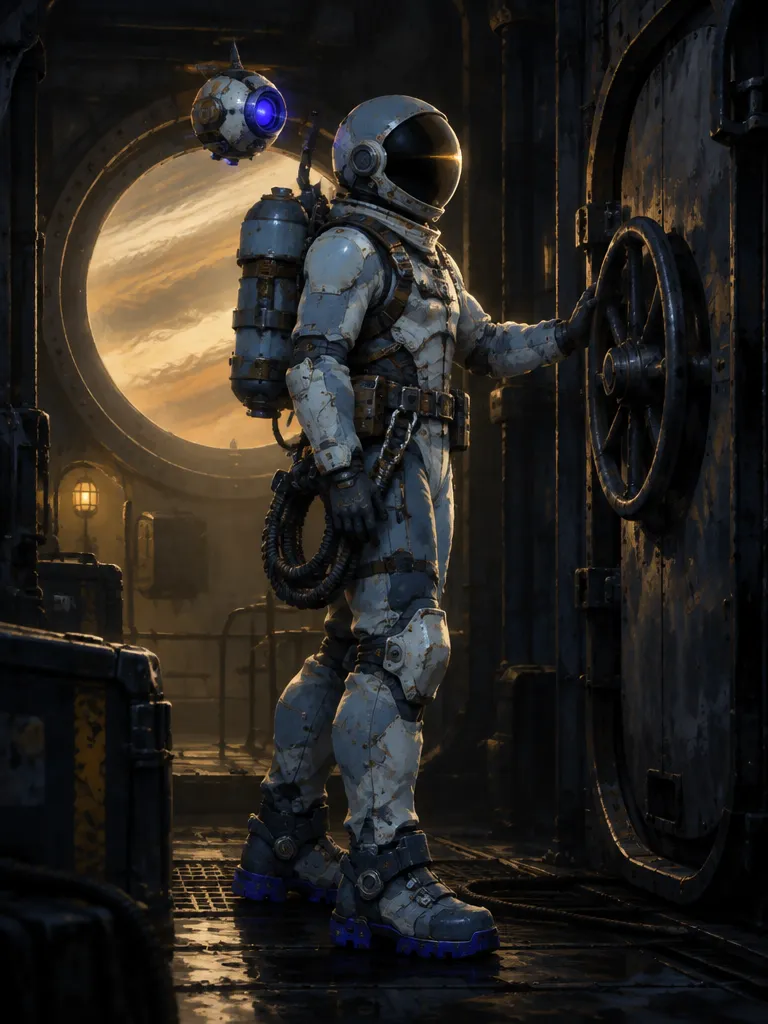 Pell, penyelam salvage bersetelan tekanan pucat dengan helm bulat berkaca gelap, tabung udara, dan Mag Boots bersol ultramarin, memegang roda pintu kedap udara. Tack melayang di dekat bahu.